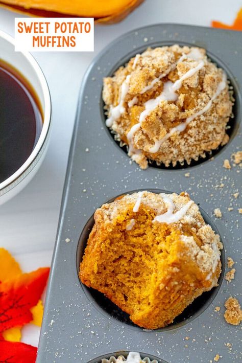 Sweet Potato Honey, Sweet Potato Muffin, Sweet Potato Muffin Recipe, Icing Drizzle, Sweet Potato Puree, Canned Pumpkin Recipes, Sweet Potato Dessert, Canning Sweet Potatoes, Potato Muffins