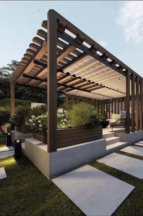 Modern Pergola Ideas, Contemporary Pergola, Modern Pergola Designs, Modern Gazebo, Rooftop Terrace Design, Modern Pergola, Wood Pergola, Pergola Design, Casa Exterior