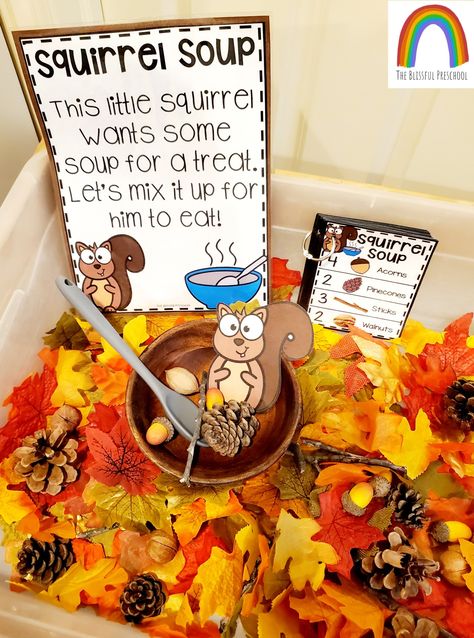 Autumn Animal Activities, Autumn Crafts Kindergarten, Autumn Animals Preschool Activities, Fall Theme Sensory Bin, November Sensory Table Ideas, Nut Activities For Preschool, Squirrel Soup Preschool, Squirrel Activity Preschool, Feed The Squirrel Preschool