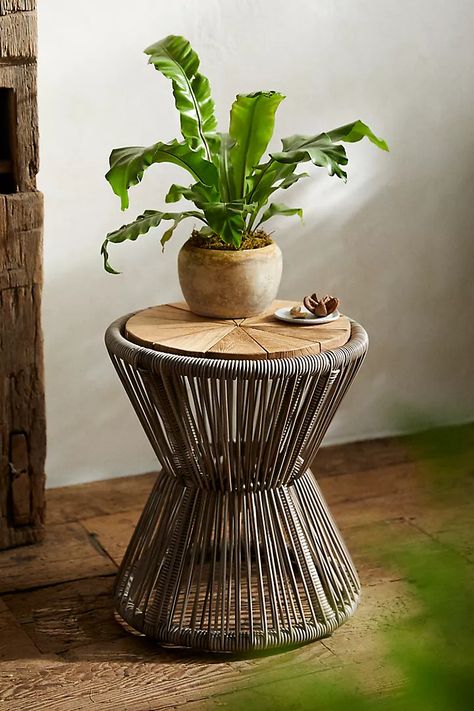 Woven Rope + Teak Side Table | Anthropologie Unique Living Room Furniture, Unique End Tables, Drinks Table, Ceramic Stool, Bistro Table Outdoor, Outdoor Living Furniture, Teak Side Table, Outdoor Pouf, Teak Dining Table