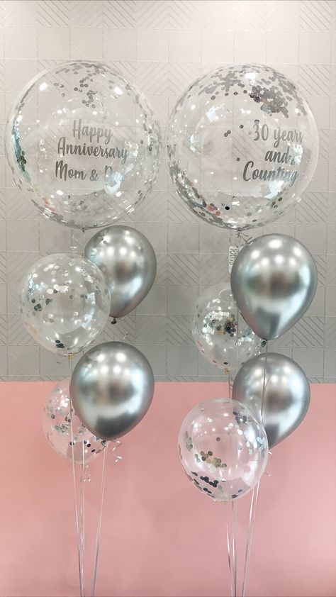 25 Anniversary Balloon Decoration, 25th Wedding Anniversary Party Ideas Decorations, 25th Anniversary Party, Transparent Balloons, Anniversary Congratulations, Birthday Balloon Decorations, 25th Wedding Anniversary, Balloon Centerpieces, Silver Anniversary