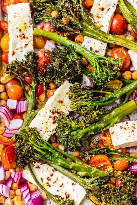 Sheet Pan Feta Broccolini, Vegetarian Sheet Pan, Healthy Sheet Pan Dinners, Recipe With Chickpeas, Baked Feta Recipe, Healthy Sheet Pan, Feta Recipe, Chickpeas Recipe, Roasted Broccolini