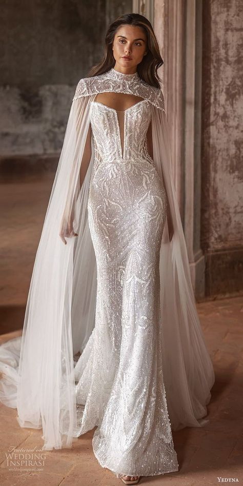 Mermaid Cape Wedding Dress, Fierce Wedding Dress, Fishnet Wedding Dress, Most Elegant Wedding Dress, Wedding Dress Dramatic Sleeves, Vintage Spanish Wedding Dress, Long Sleeve Sheer Wedding Dress, Elegant Luxury Wedding Dress, Full Coverage Wedding Dress