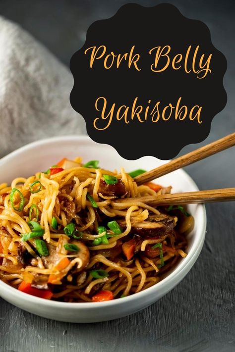 A classic dish made from stir fried noodles and crispy pork belly with wok fried vegetables and seasoned with a Worcestershire based sauce, these Yakisoba noodles come together in under 30 minutes! Because seriously, who can resist stir fried noodles? Especially with crispy bits of pork belly and a super simple sweet and sour type sauce? via @Went Here 8 This Pork Belly And Noodles, Pork Belly Stir Fry, Pork Belly Noodles, Pork Belly Sides Dishes, Yakisoba Recipe, Soba Noodles Recipe, Pork Noodles, Crispy Pork Belly, Pork Stir Fry