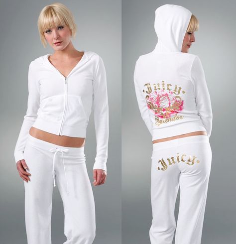 Juicy Couture Jumpsuits, also known as sweatsuits became very trendy around 2006. These colorful name brand sweat suits were popular within females of all ages. Juicy Couture Sweatsuits were very pricey, which led to knockoffs and stolen ideas. Juicy Couture Sweatsuit, Juicy Couture Track Suit, Juicy Couture Clothes, 2005 Fashion, Juicy Tracksuit, Juicy Couture Tracksuit, Early 2000s Fashion, 2000s Outfits, 2000s Fashion Outfits