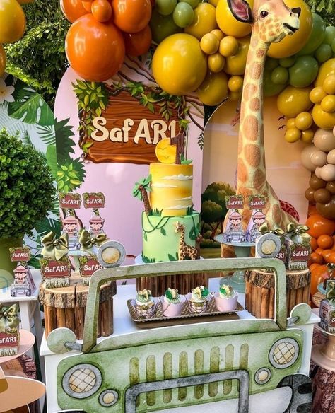 Baby Boy Birthday Cake, Safari Jeep, Bear Baby Shower Theme, Jungle Safari Party, Birthday Decorations Kids, Safari Birthday Party, Cars Birthday Parties, Baby Boy Birthday, Safari Birthday