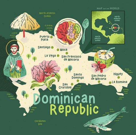 ~ Sandra Neuditschko Republic Dominican, Dominican Republic Map, Heritage School, Latino Art, Culture Day, Map Illustration, Map Maker, Travel Inspiration Destinations, List Of Countries