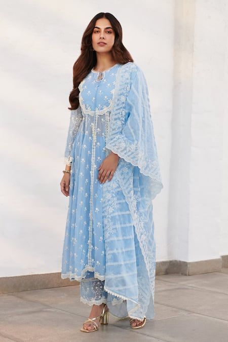 Buy Blue 100% Pure Mulmul Embroidered Floral Sussex Anarkali Pant Set For Women by Mulmul Online at Aza Fashions. Blue Anarkali, Suit Designs, Pant Set, Set For Women, Anarkali, Aza Fashion, Lace Trim, Pants Set, Types Of Sleeves