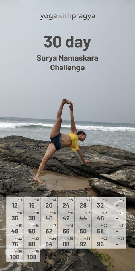 Build your way to 108 sun salutations with this challenge. Increase the counts a little each day and before you know it you'll be in shape, lean, svelte and flexible. 108 Surya Namaskar Benefits, 108 Surya Namaskar Challenge, Surya Namaskar Challenge, 108 Surya Namaskar, Surya Namaskar Benefits, 108 Sun Salutations, Yoga Sun Salutation, Surya Namaskara, 75 Soft