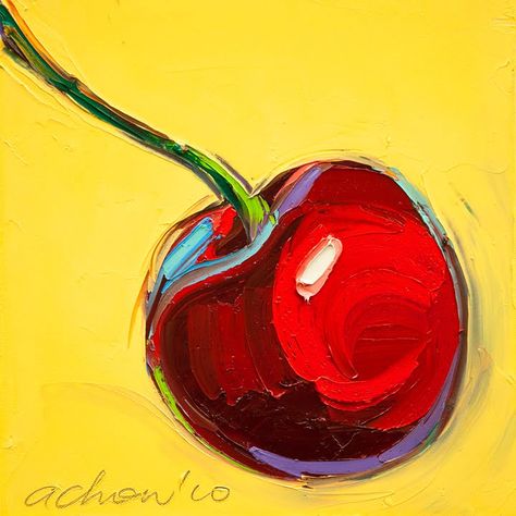 THE ART OF ALLAN CHOW: Original painting-Cherries -12X12-Modern ... Cherry Pictures, Cherries Painting, Food Painting, Fruit Painting, Gcse Art, Red Cherry, Fruit Art, Yellow Background, Kitchen Art