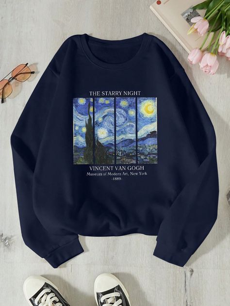 Slogan & Oil Painting Graphic Thermal Lined SweatshirtI discovered amazing products on SHEIN.com, come check them out! Graphic Hoodies Aesthetic, Women Slogan, Pull Oversize, Van Gogh Museum, Sportswear Fashion, Letter Print Sweatshirt, Winter Clothing, Womens Fleece, Fleece Sweatshirt