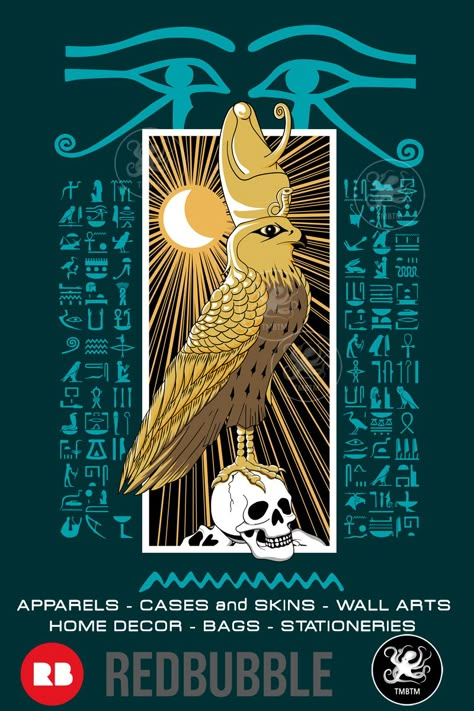 Illustration of Horus, falcon god of ancient egypt standing on human's skulls with hieroglyphs on the background. Available on t-shirts, mugs, bags, posters and many products. Ancient Egypt Aesthetic Design, Egypt Design Illustration, Egypt Illustration Art, Egyptian Poster Graphic Design, Egyptian Graphic Design, Ancient Egypt Art Design, Egypt Poster Design, Ancient Egypt Poster, Pharoah Egyptian