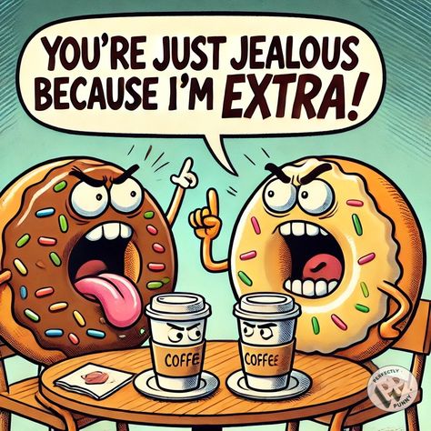 You’re just jealous because I’m extra!

#PerfectlyPunny #Funny #Comics #Humor #Comedy #Jokes #Donuts Snack Humor, Comedy Jokes, Food Puns, Pizza Slice, Word Play, Funny Puns, Funny Humor, Funny Comics, Puns