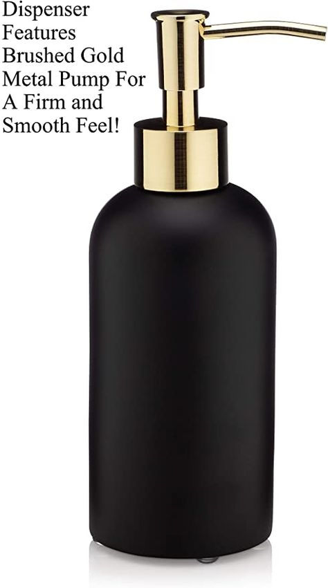 Amazon.com: EssentraHome Matte Black Liquid Soap Dispenser with Metal Brushed Gold Pump for Bathroom, Bedroom or Kitchen. Great for Hand Lotions and Essential Oils. 10 Fluid Ounce: Home & Kitchen Black Soap Dispenser, Liquid Soap Dispenser, Toothbrush Holders, Downstairs Loo, Black Liquid, Gold Pumps, Soap Pump, Lotion Bottle, Black Soap