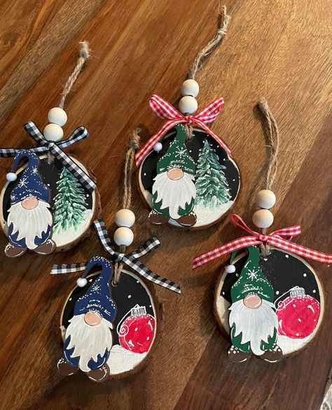 Gnome Wood Slice Ornament Diy, Gnome Ornaments, Wood Slice Ornament, Wood Christmas Ornaments, Christmas Gnomes, Wood Christmas, Painted Ornaments, Hand Painted Ornaments, Wood Slices