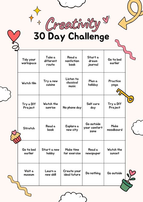 30 Day Challange, Creativity Challenge, Yoga Music, Monthly Challenge, Daily Challenges, Day Challenge, 30 Day Challenge, Self Care Activities, Calendar Printables