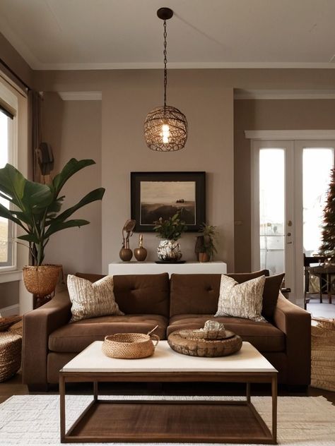 White Living Room Brown Furniture, Brown Color Living Room Ideas, Sofa Brown Living Room, Living Room Designs Brown Sofa, Interior Design Living Room Brown, Tan Wall Living Room, Dark Brown Living Room Ideas, Dark Beige Couch, Dark Brown Couch Decor