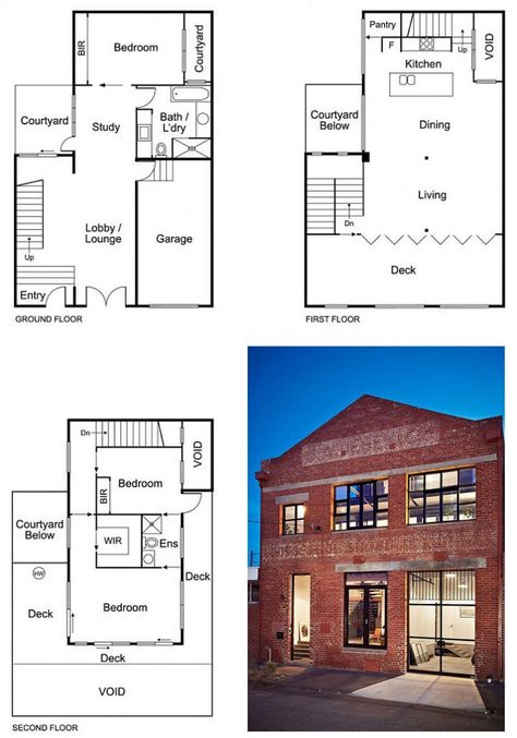 New York-Style Warehouse Conversion - 3 bedrooms, open living area, 1 car garage, lounge area, courtyard, and large deck. Townhouse Layout, Melbourne Townhouse, Loft Style House, Loft Floor Plans, Warehouse Apartment, Warehouse Living, Converted Warehouse, Warehouse Loft, House Colour