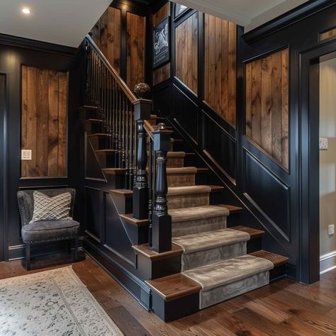 Rustic Staircase with Wood and Black Accents Staircase Rustic Ideas, Black And Wood Steps, Black Homes With Wood Accents, Black And Wood Hallway, Basement Entryway Ideas Staircases, Black Wood Stairs, Butler Staircase, Rebar Stair Railing, Black And Wood Staircase