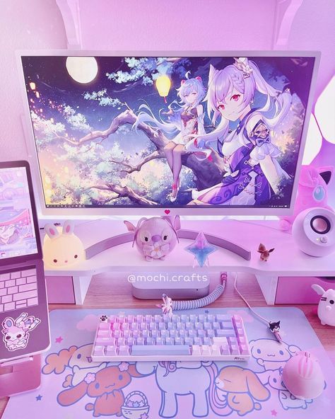 Cute Set Up, Pink Gaming Set Up, Cute Gaming Setup Pink, Pink Set Up Gaming, Pink Gaming Pc, Kawaii Pink Gaming Setup, Kawaii Room Ideas, Kawaii Bedroom, Pink Games