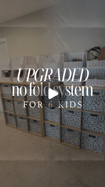 Ryan Kay Fisch on Instagram: "our kids are getting older and were wanting a bit more organization to their clothes after 2 years of only putting them in a single large laundry basket! this is what we came up with!  No fold laundry, laundry hacks, kids laundry, kids clothes organization, save time as a mom" No Folding Clothes Storage, Laundry Room Ideas Baskets, Kids Laundry Basket Ideas, Laundry Box Ideas, Laundry Basket System, School Week Clothes Organization, Laundry Room Storage Baskets, Laundry Basket Labels, No Fold Closet