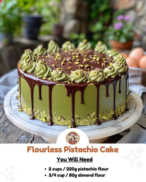 Kitchen Whispers Pistachio And Chocolate Cake, Pistachio Delight, Cake With Chocolate Ganache, Pistachio Cake, Chocolate Ganache, Almond Flour, Beautiful Cakes, Bright Green, Pistachio