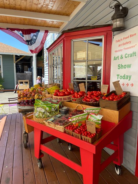 general store, produce, fresh produce Coastal Small Town, Small Southern Town Aesthetic, Small Town Country Aesthetic, Small Coastal Town, Food Store Aesthetic, Summer Aesthetic Small Town, Small Town Core, General Store Ideas Small Towns, Small Beach Town Aesthetic