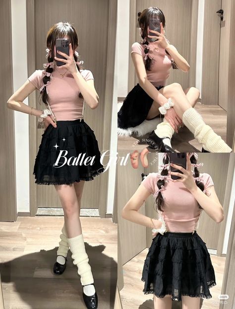 Balletcore Outfits Summer, Outfit Ideas Balletcore, Sweetheart Outfit Aesthetic, Black Ballet Skirt Outfit, Black Balletcore Outfit, Ballerina Outfit Ideas, Balletcore Aesthetic Outfits, Coquette Skirt Outfit, Balletcore Skirt