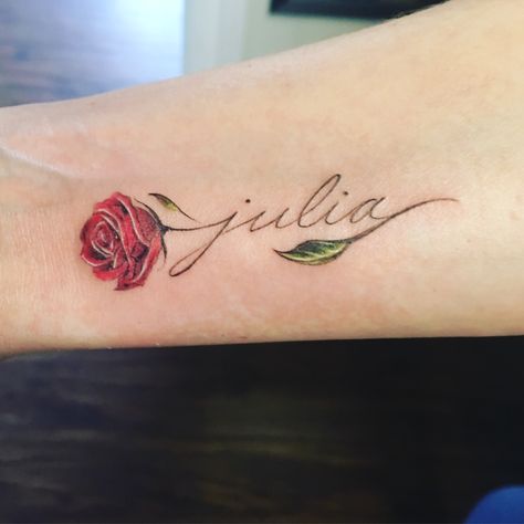 Rose With Mum Tattoo, Dozen Roses Tattoo, Men Tattoo For Daughter, Guadalupe Name Tattoo, Name And Rose Tattoo, Tulip Name Tattoo, Rose Word Tattoo, Rose With Name Stem Tattoo, Rosa Name Tattoo