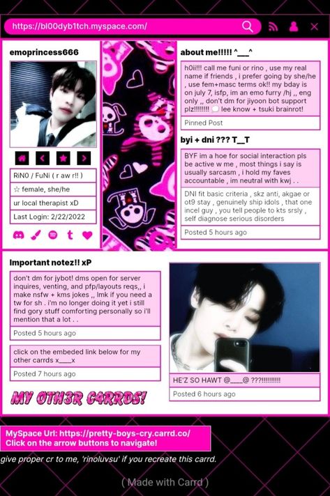 ☆ !! myspace-ish scene kid blog theme (1/2) (info is OUTDATED, im a changed man now lol) Old Myspace Layout, 2000s Blog Design, Carrd Inspo Scene, Myspace Template, My Space Profile Layout, Raymond Core, Spacehey Ideas, Spacehey Layouts, Pink And Black Goth