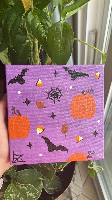 Hand Painted Canvas with halloween pattern Pumpkin Painting Easy Canvas, Spookify Paintings, Witch Painting Ideas On Canvas, Easy Canvas Halloween Painting, Pastel Halloween Painting, Fall Painting Ideas Easy Simple, Pics To Paint On Canvas, Halloween Mini Painting, Easy Spooky Painting Ideas On Canvas