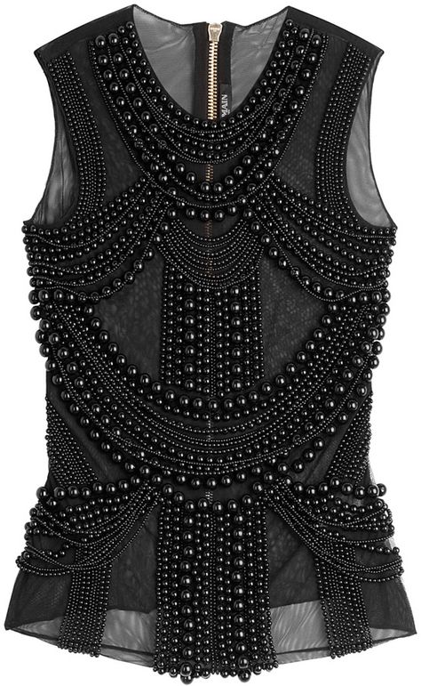 Beaded Tops Blouses, Beaded Tank Top, Mode Monochrome, Evening Wear Tops, Black Singlet, Tank Tops Black, Balmain Shirt, Black Sleeveless Shirt, Cl Fashion