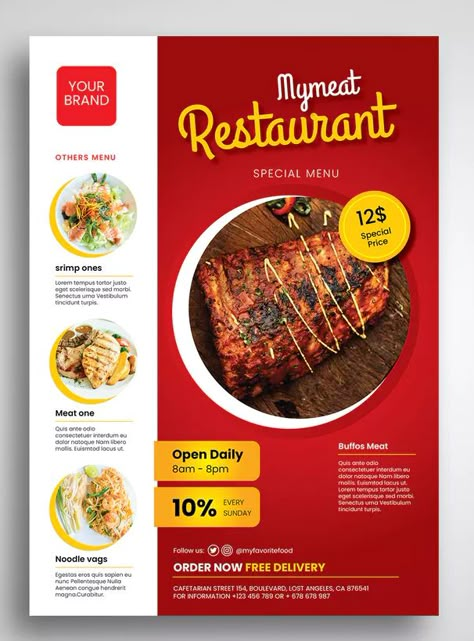 Meat Restaurant Flyer Template PSD - A4. Download Meat Poster Design, Flyers Template, Meat Restaurant, Poster Food, Restaurant Poster, Food Flyer, Menu Flyer, Restaurant Specials, Flyers Design