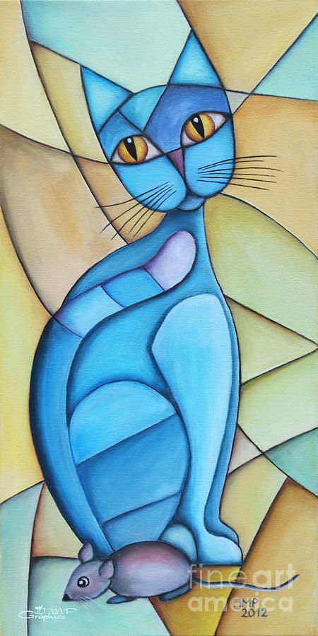 Kat Diy, 심플한 그림, Cubist Art, Cubism Art, Cat And Mouse, Blue Cat, Cat Painting, Cat Drawing, Whimsical Art