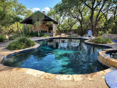 French Country Pool Outdoor Living, Shared Pool Between Houses, Hill Country Pool Ideas, Country Home With Pool, Country Pool Ideas Backyards, Pool On Farm, Country Swimming Pools, Country Home Pool, Lake House Pool Ideas