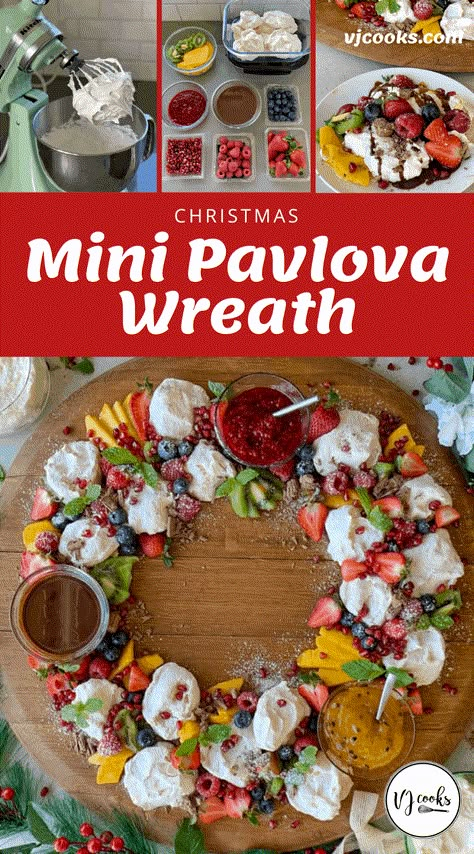 Christmas Wreath Dessert, Wreath Dessert, Dessert Table Christmas, Australian Christmas Food, Pavlova Wreath, Christmas Pavlova, Mini Pavlovas, Vj Cooks, Mini Pavlova