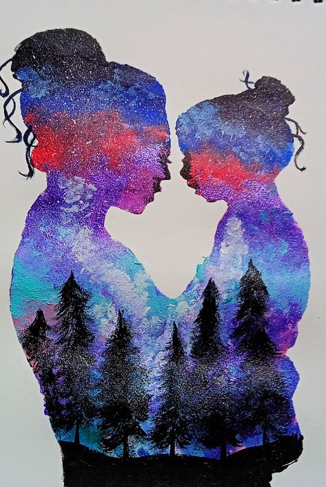 Mothers day painting Mothers Day Paintings, Couple Painting Silhouette, Paintings For Mom, Painting For Mom, Starry Night Couple Painting, Sunset Couple Painting Easy, Mother Daughter Silhouette Painting, Motherhood Painting, Diy Mother's Day Gift Basket