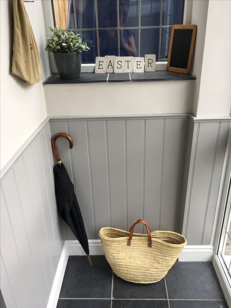 #porch #panelling #grey Small Room Wood Panelling, Grey Hallway Panelling Ideas, Vestibule Paneling, Porch Panelling Ideas, Grey Half Wall Panelling, Half Wall Tongue And Groove Panelling, Half Wall Cladding, Two Tone Paneling Walls, Grey Panelling Hallway