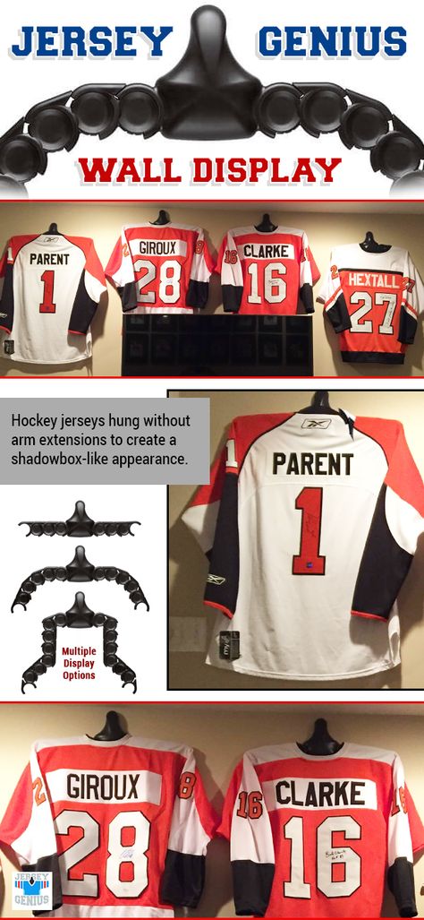 Hang your NHL, college or high school hockey jersey with JerseyGenius wall display. It's easy to hang, lightweight but durable. Adjust the pivots to extend your sleeves or to let them hang down. Great father's day or birthday gift idea. Many of customers use it for their game room, office, basement, man cave or living room. Old Hockey Jersey Ideas, Hockey Jersey Display Ideas, Hockey Memorabilia Display, Hanging Jerseys On Wall Ideas, Football Jersey Display Ideas, Jersey Display Ideas, Man Cave Basement Rustic, Hockey Jersey Display, Hockey Man Cave