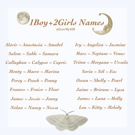 Triplet Names 2 Boys 1 Girl, Triplet Names Ideas, Fantasy Twin Names, Names For Triplets, Girl Names Unique Rare With Meaning, Triplet Aesthetic, Twin Names Boy And Girl, Cottage Core Names, Pretty Girl Names Aesthetic