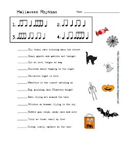 Elementary Music Resources: Halloween Rhythms Halloween Music Class, Halloween Music Lessons, Halloween Music Activities, October Music, Music Classroom Activities, Fall Costume, Halloween Teaching, Music Class Activities, Rhythm Activities