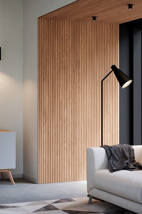 Thermory interior wall paneling may look like one large sheet of wood, but it's actually made up of individual boards. This allows you to be more versatile when designing, so you can play with the various species, widths, and textures. Feeling inspired? Re-pin this post to the idea board for your next project. Slat Wall Wood Panel, Floor To Ceiling Wood Paneling, Wood Slat Wainscoting, Horizontal Wood Paneling Wall, Green Wall Fireplace, Slat Panel Wall Living Room, Natural Wood Paneling Walls, Covering Wood Paneling Ideas, Wood Panneling Rooms Remodel