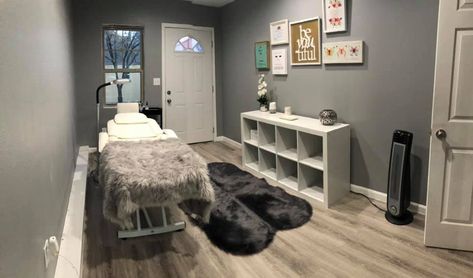 Simple Lash Room Ideas, Basement Lash Studio, Home Lash Room Ideas, Garage Esthetician Room, At Home Lash Studio, Home Lash Room, Grey Lash Room, Small Lash Room Set Up, At Home Lash Studio Ideas