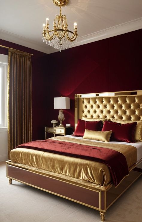 Create a luxurious bedroom aesthetic by incorporating a velvet headboard in a rich red hue. Complement it with golden accents, such as a gilded mirror and chandelier, for an opulent touch. Red Bedroom Aesthetic, Burgundy Bedroom, Burgundy Curtains, Velvet Throw Blanket, Plush Bedding, Castle Decor, Red Bedroom, Gilded Mirror, Neutral Bedrooms