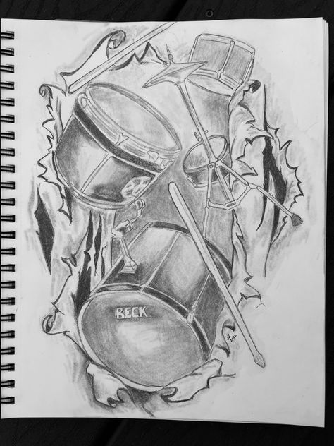 Drums Aesthetic Drawing, Rock N Roll Drawings, Drums Sketch, Drum Set Drawing, Drummer Drawing, Drums Drawing, Music Drawing Ideas, Drum Artwork, Cool Drums