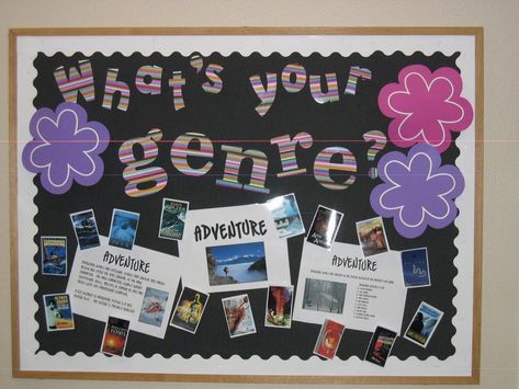 Library Bulletin Boards and Display Ideas - Kids Art & Craft Genre Bulletin Boards, Book Bulletin Board, School Library Bulletin Boards, Bulletin Boards Theme, High School Literature, School Library Displays, Library Bulletin Board, Middle School Libraries, Reading Bulletin Boards