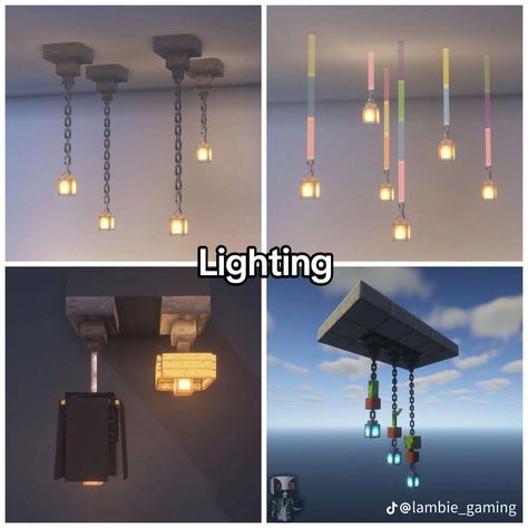 Minecraft Outdoor Lighting Ideas, Mincraft Decor Ideas Bedroom, Minecraft Castle Bedroom Ideas, Minecraft Light Fixtures, Minecraft Light Ideas Inside, Minecraft Streetlight, Minecraft Office Interior, Minecraft Lighting Ideas Indoor, Diy Minecraft Decor