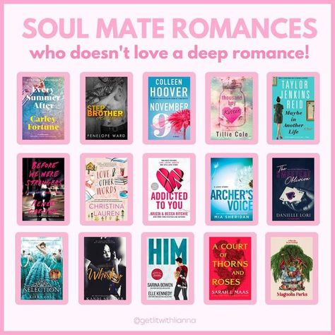 Lianna on Instagram: "💨🤍 SOUL MATE ROMANCES 🤍💨⁣ ⁣ These romance books are almost too good to be true! If you’re looking for a love story so deep that it will give you delicious belly flips….this is totally where to start!⁣ ⁣ I’m curious… do you believe in soulmates? 🫶🏼" Soulmate Books, Books About Soulmates, Best Friend Romance Books, Recommended Books To Read Romance, Good Love Books, Love Story Books, Best Love Books, Romance Book Recommendations, Book Club List