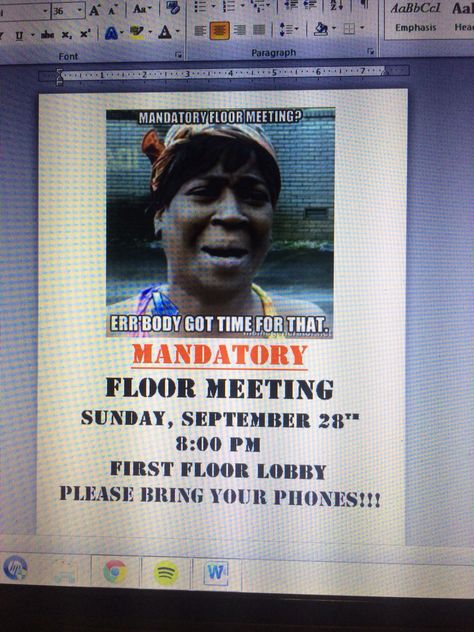 Floor meeting flyer Dorm Floor Event Ideas, Floor Meeting Flyer Ra, Ra Floor Meeting Flyers, Floor Events Resident Assistant, In A Meeting Door Sign, Ra Bulletin Boards Roommate Conflict, Door Decks, Meme Ra Bulletin Board, Ra Door Decs