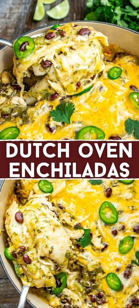 Dutch Oven Enchiladas Recipe l 100KRecipes.com Food To Make In Dutch Oven, Dutch Oven Main Dish Recipes, Dutch Oven Cakes, Dutch Oven Stovetop Recipes, Healthy Dutch Oven Meals, Dutch Oven Enchiladas Camping, Dutch Oven Chicken Enchiladas, Dutch Oven Enchilada Casserole, Mexican Dutch Oven Recipes